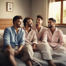 An image of four male friends, aged between 20 and 30, lounging in a cozy bedroom setting