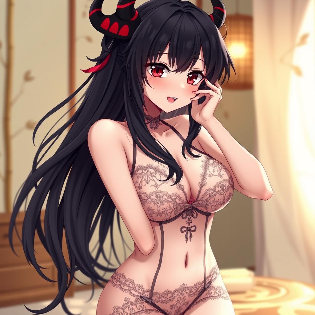 A beautiful anime girl resembling Nezuko from Demon Slayer, wearing elegant lingerie