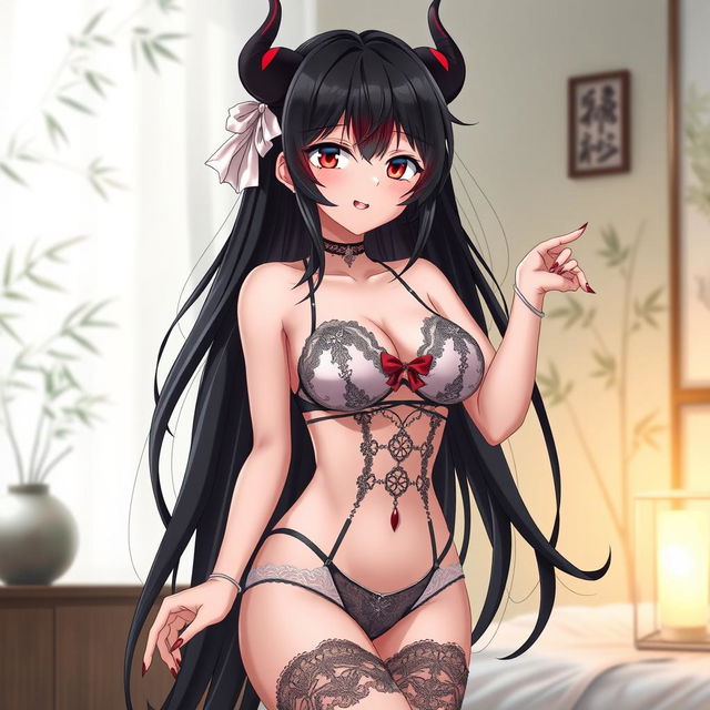 A beautiful anime girl resembling Nezuko from Demon Slayer, wearing elegant lingerie