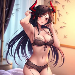 A beautiful anime girl resembling Nezuko from Demon Slayer, wearing elegant lingerie
