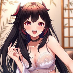 A beautiful anime girl resembling Nezuko from Demon Slayer, wearing elegant lingerie