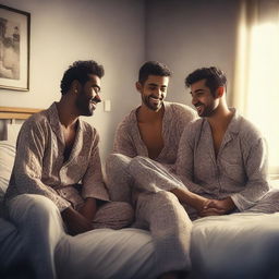 An image of four male friends, aged between 20 and 30, lounging in a cozy bedroom setting