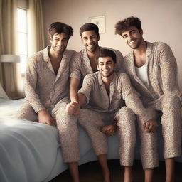 An image of four male friends, aged between 20 and 30, lounging in a cozy bedroom setting