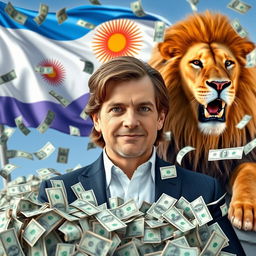 A vibrant and eye-catching YouTube thumbnail featuring Javier Milei, the president of Argentina, looking charismatic and confident
