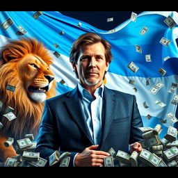 A vibrant and eye-catching YouTube thumbnail featuring Javier Milei, the president of Argentina, looking charismatic and confident