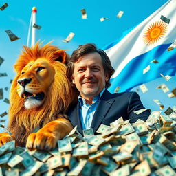 A vibrant and eye-catching YouTube thumbnail featuring Javier Milei, the president of Argentina, looking charismatic and confident