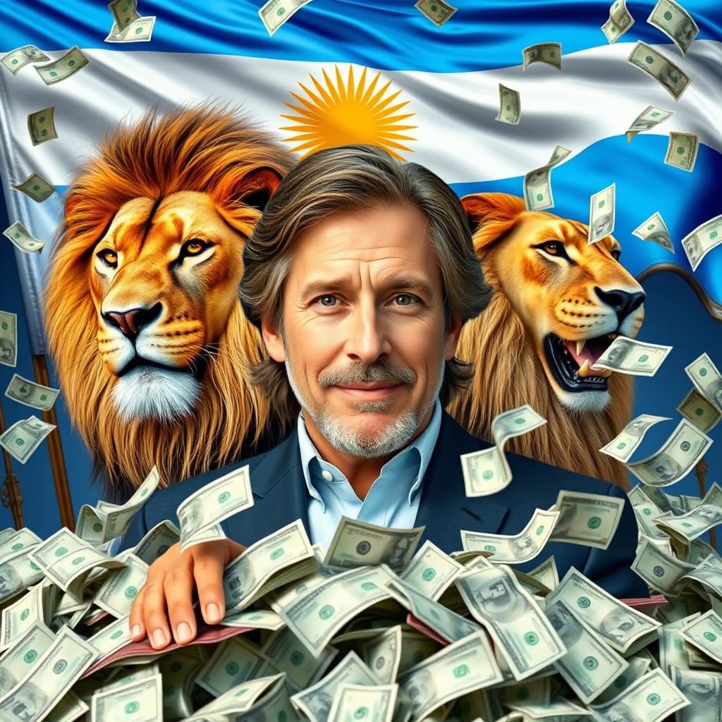 A vibrant and eye-catching YouTube thumbnail featuring Javier Milei, the president of Argentina, looking charismatic and confident