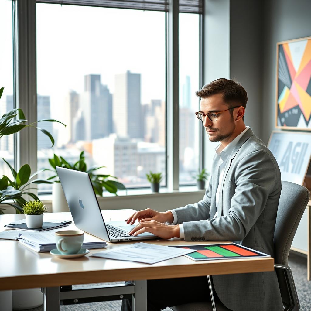 A clear and sensible resume based on the following description: an individual working in a modern office environment, showcasing skills in project management and problem-solving