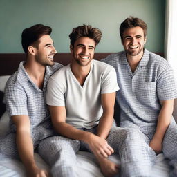 This is a high-quality digital art image showcasing four male friends, aged between 20 and 30, in a bedroom setting filled with comfortable pillows