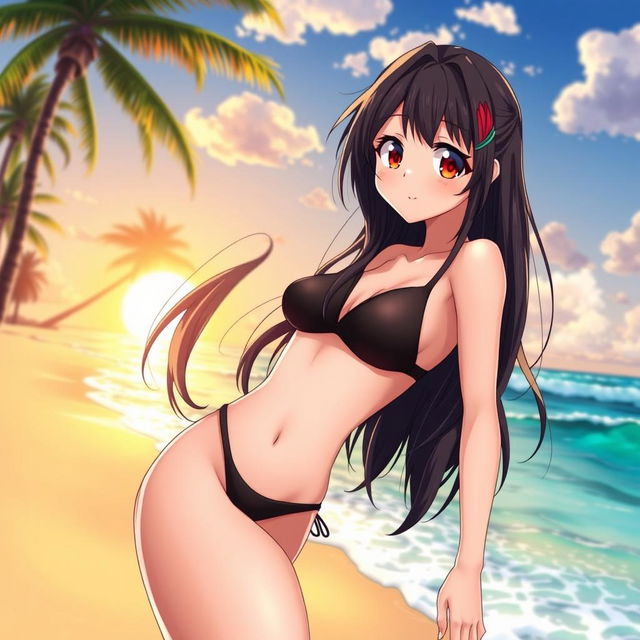 A stunning anime girl inspired by Nezuko, standing on a beautiful beach in a fashionable bathing suit