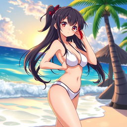 A stunning anime girl inspired by Nezuko, standing on a beautiful beach in a fashionable bathing suit