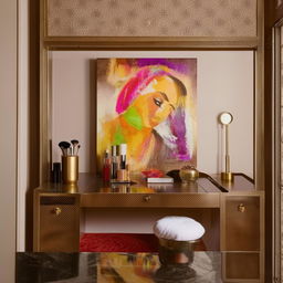 An elegantly decorated room featuring a large, eye-catching painting, a sophisticated almirah, and a well-equipped makeup spot.