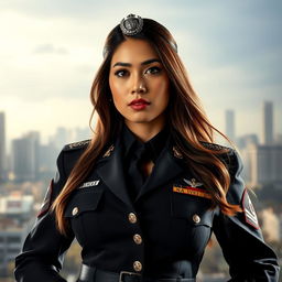 A beautiful Indonesian woman with very large breasts, dressed as a police general