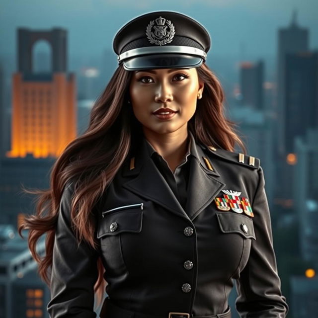 A beautiful Indonesian woman with very large breasts, dressed as a police general