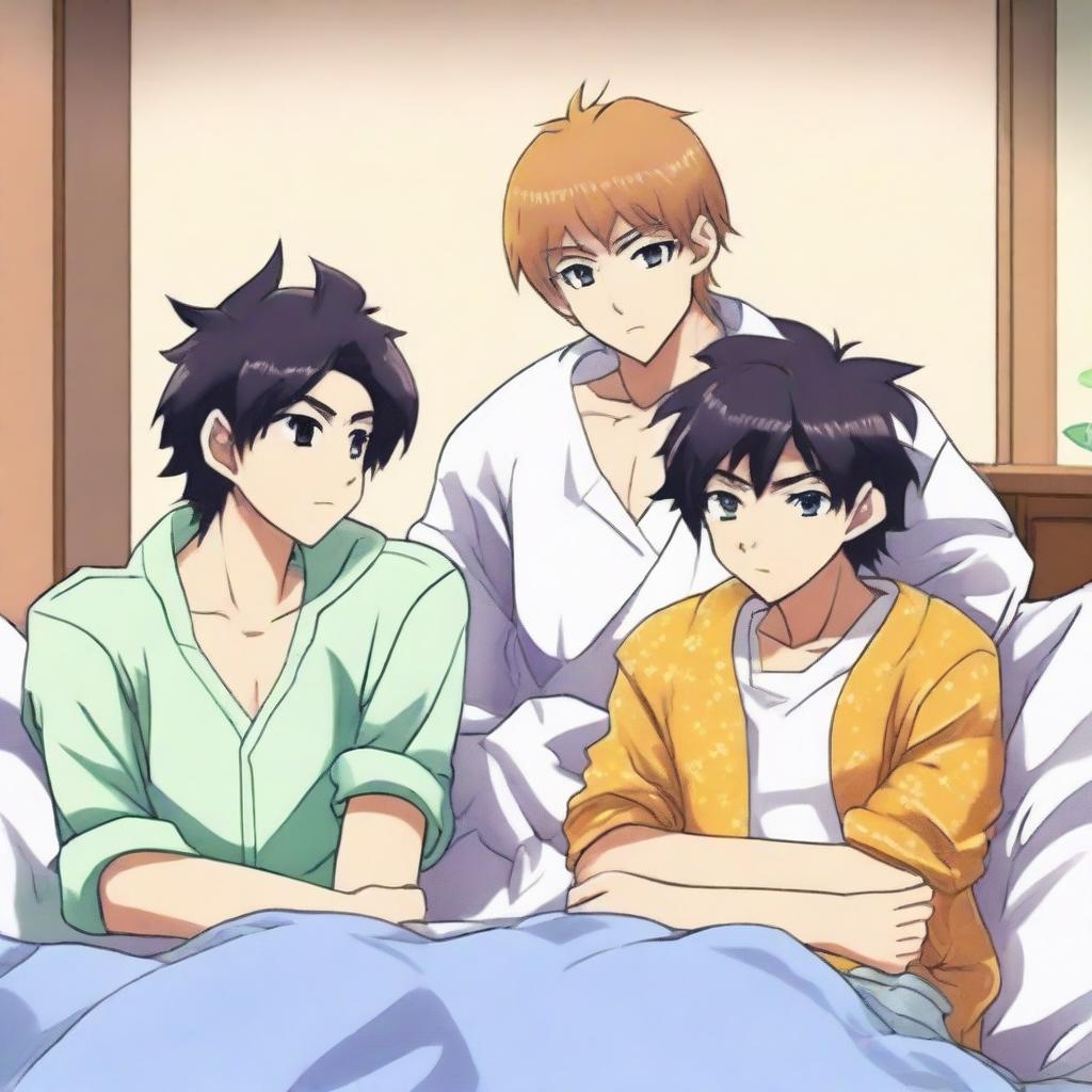 A vibrant, high-quality anime-style image depicts four male friends, aged between 20 and 30, in a plush bedroom setting replete with comfortable pillows