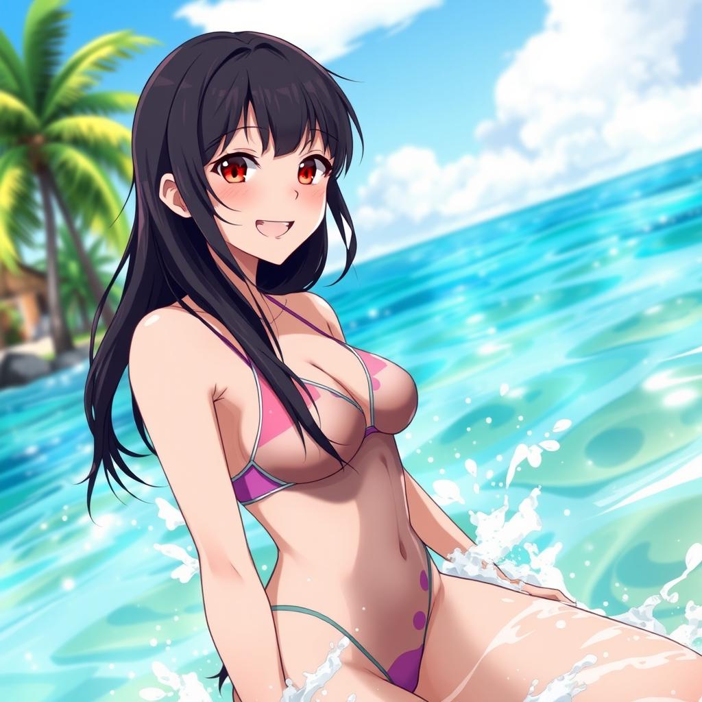 A young woman resembling a character inspired by anime, with a playful attitude, enjoying a sunny day at the beach