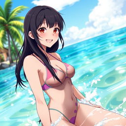A young woman resembling a character inspired by anime, with a playful attitude, enjoying a sunny day at the beach