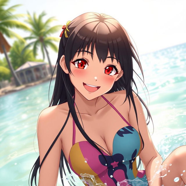 A young woman resembling a character inspired by anime, with a playful attitude, enjoying a sunny day at the beach