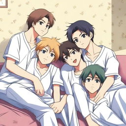 A vibrant, high-quality anime-style image depicts four male friends, aged between 20 and 30, in a plush bedroom setting replete with comfortable pillows