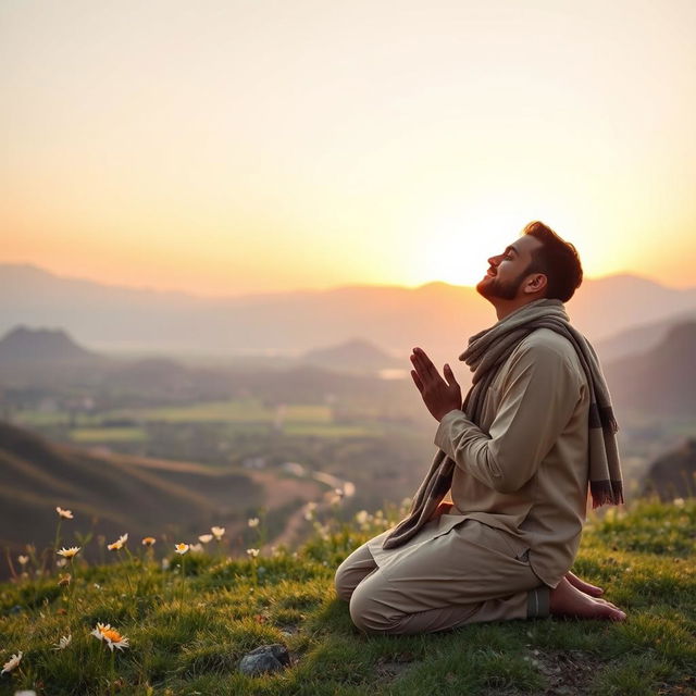 A serene image of a traveler, or musafir, kneeling in prayer in a picturesque landscape