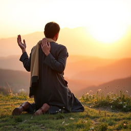 A serene image of a traveler, or musafir, kneeling in prayer in a picturesque landscape