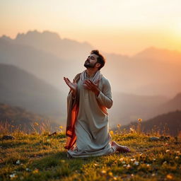 A serene image of a traveler, or musafir, kneeling in prayer in a picturesque landscape