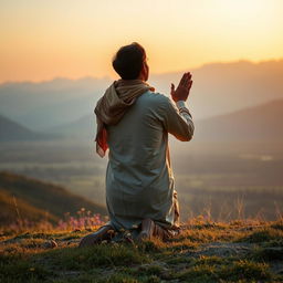 A serene image of a traveler, or musafir, kneeling in prayer in a picturesque landscape