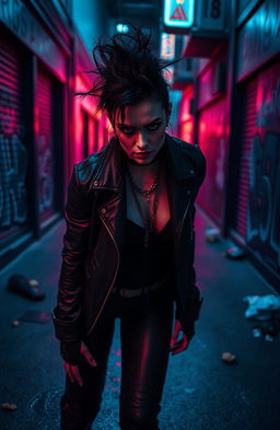 A highly suspicious-looking woman, dressed in edgy, dark clothing, lurking in an urban alleyway with a mischievous smirk