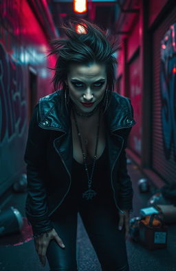 A highly suspicious-looking woman, dressed in edgy, dark clothing, lurking in an urban alleyway with a mischievous smirk