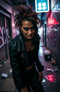 A highly suspicious-looking woman, dressed in edgy, dark clothing, lurking in an urban alleyway with a mischievous smirk
