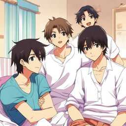 A vibrant, high-quality anime-style image depicts four male friends, aged between 20 and 30, in a plush bedroom setting replete with comfortable pillows