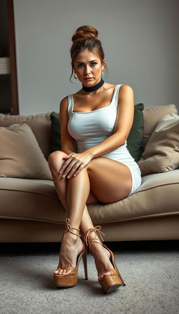A striking 40-year-old German MILF with a sophisticated brown hair bun and a busty figure, sitting on a plush couch