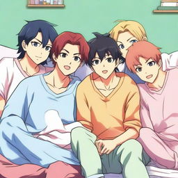 A vibrant, high-quality anime-style image depicts four male friends, aged between 20 and 30, in a plush bedroom setting replete with comfortable pillows