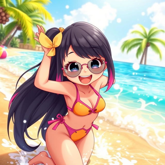 A lively character resembling a young girl with long black hair, beautifully blended with a hint of pink at the ends, wearing a stylish and vibrant bathing suit