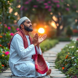 A touching image of a Muslim man in a moment of prayer, earnestly praying for his sibling