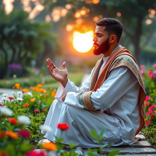 A touching image of a Muslim man in a moment of prayer, earnestly praying for his sibling