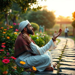 A touching image of a Muslim man in a moment of prayer, earnestly praying for his sibling