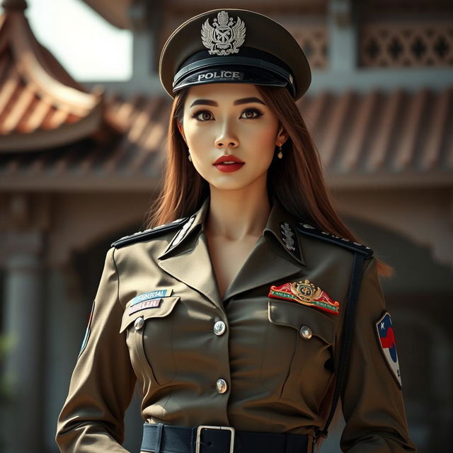 A beautiful woman with very large breasts, dressed as a police commissioner general, incorporating elements from both Indonesian and South Korean police uniforms