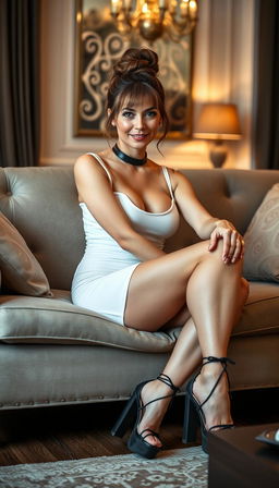 A striking 40-year-old German MILF with a chic brown hair bun, showcasing her busty figure