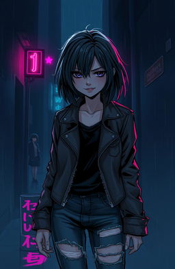 A dark, moody illustration of a mysterious girl in a dimly lit urban alleyway