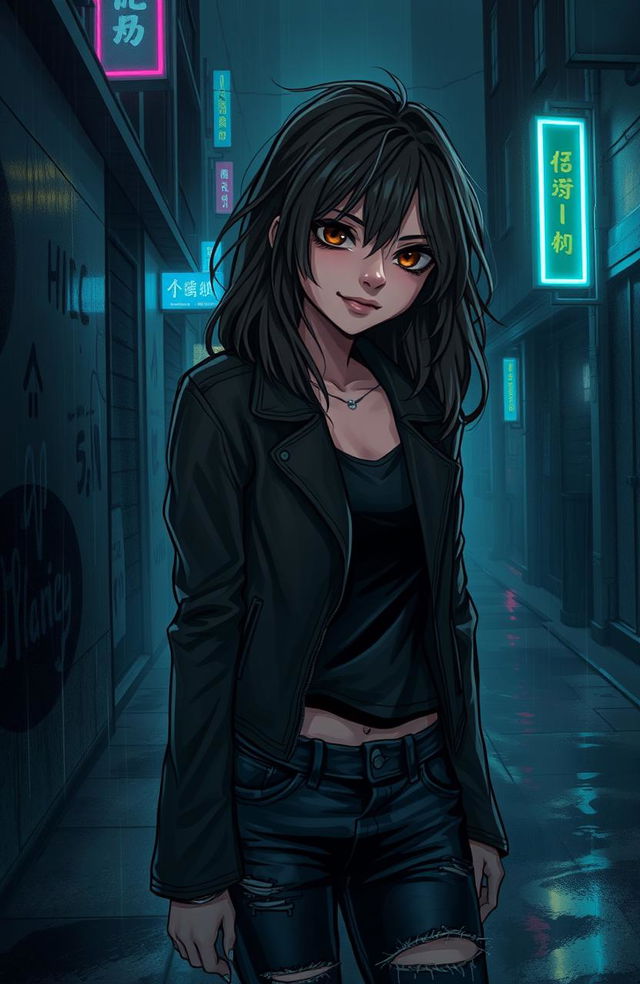 A dark, moody illustration of a mysterious girl in a dimly lit urban alleyway