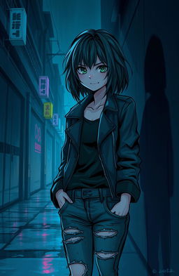 A dark, moody illustration of a mysterious girl in a dimly lit urban alleyway