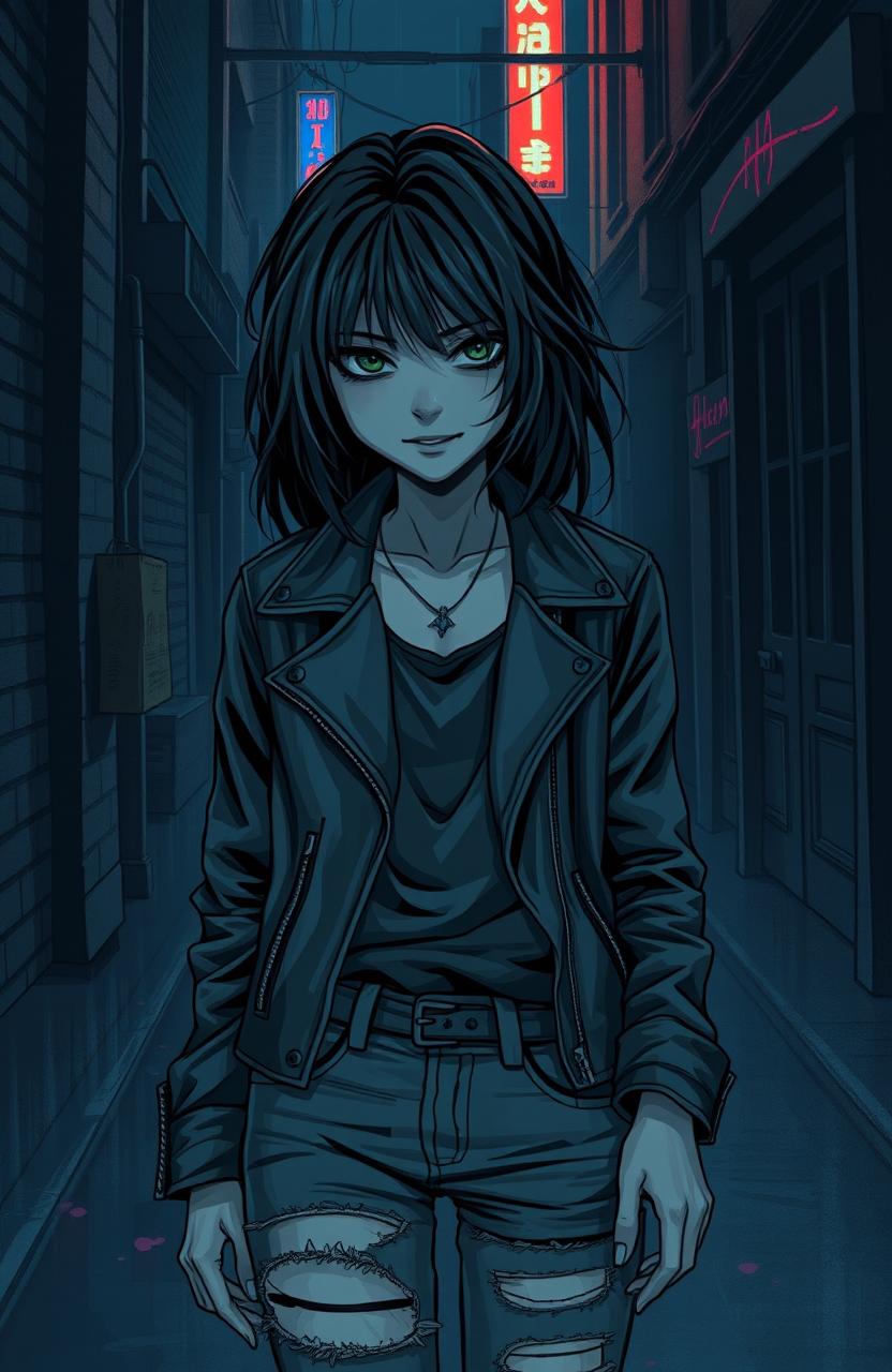 A dark, moody illustration of a mysterious girl in a dimly lit urban alleyway