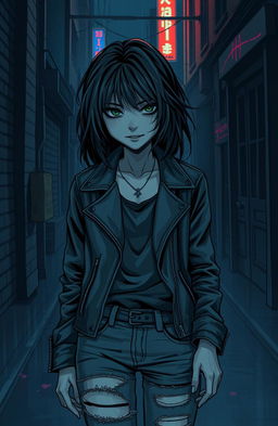 A dark, moody illustration of a mysterious girl in a dimly lit urban alleyway