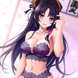 A stunning anime rendition of Nezuko Kamado from Demon Slayer, depicted in playful and elegant lingerie