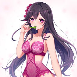 A stunning anime rendition of Nezuko Kamado from Demon Slayer, depicted in playful and elegant lingerie