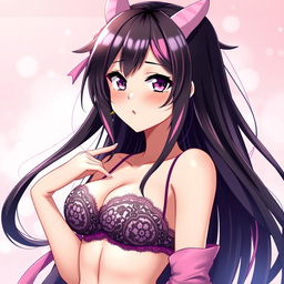 A stunning anime rendition of Nezuko Kamado from Demon Slayer, depicted in playful and elegant lingerie