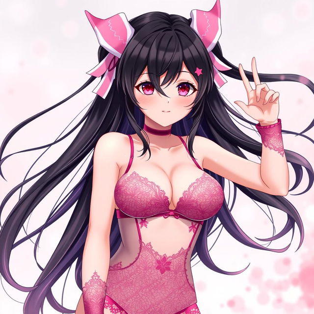 A stunning anime rendition of Nezuko Kamado from Demon Slayer, depicted in playful and elegant lingerie