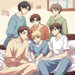 A high-quality, anime-style image portrays four male friends, aged between 20 and 30, in a spacious bedroom setting