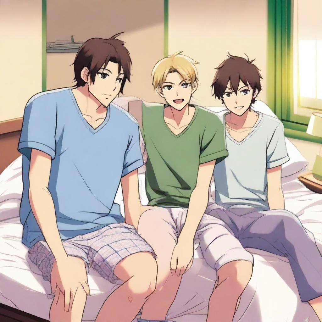 A high-quality, anime-style image portrays four male friends, aged between 20 and 30, in a spacious bedroom setting